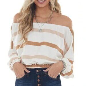 FANTASTIC FAWN Medium‎ Brown Cream Striped Blouson Crop Top Made in USA Feminine
